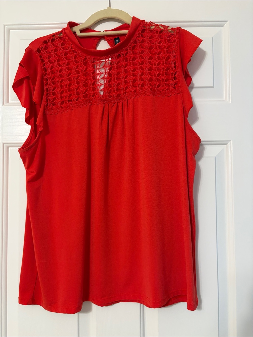 Massini Red Lace Yoke Flutter Sleeve Women's Top